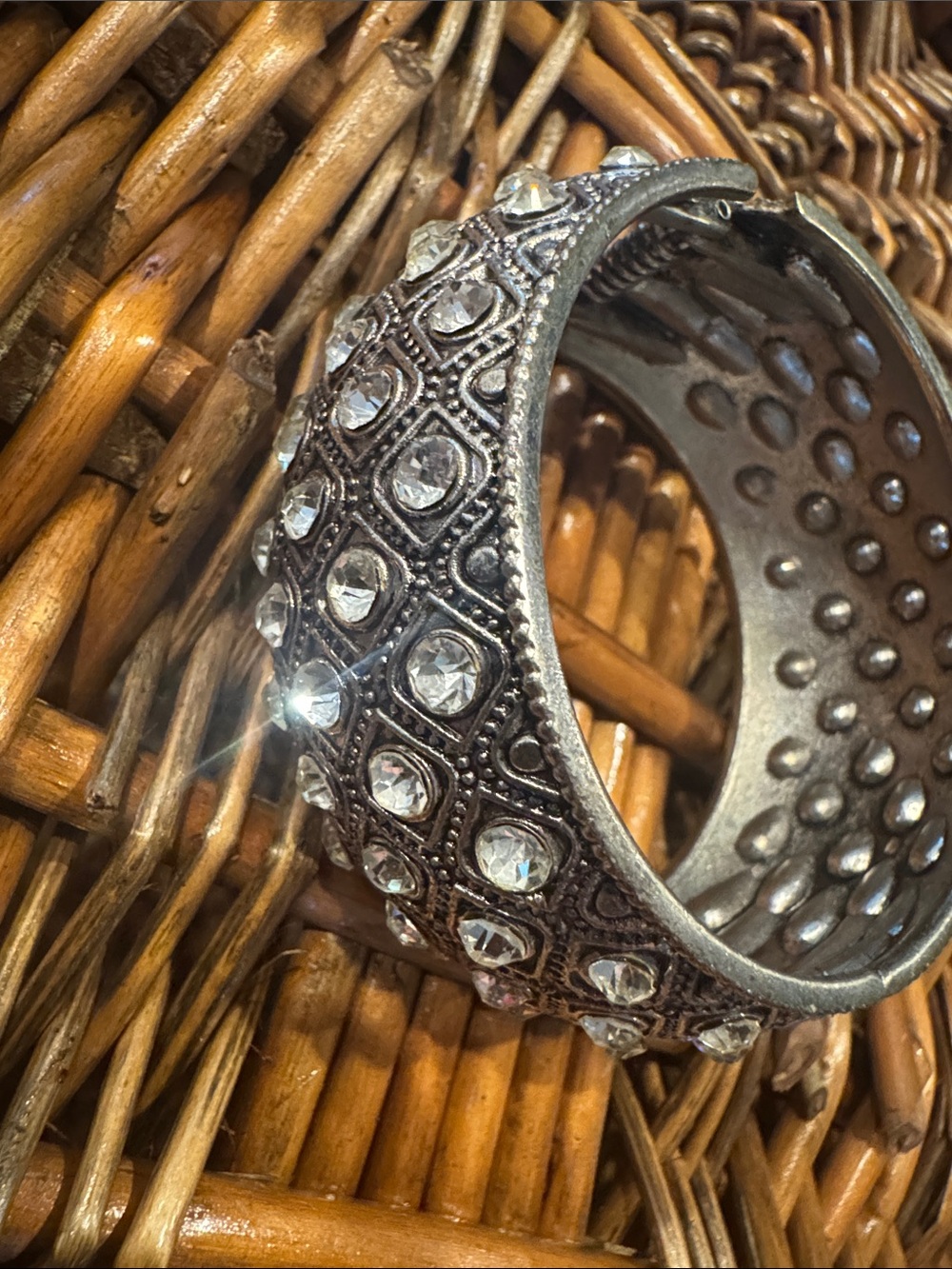 Vintage-Inspired Silver Crystal spring Cuff Bracelet